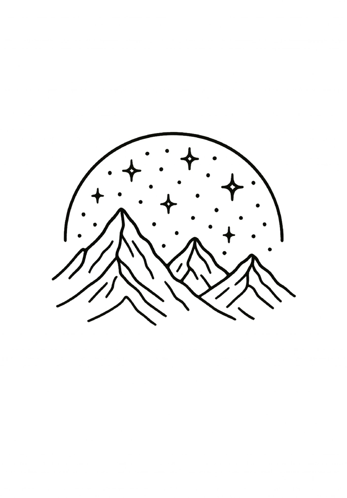 Tattoovorlage minimalistisches Bergmotiv mit Sternenhimmel