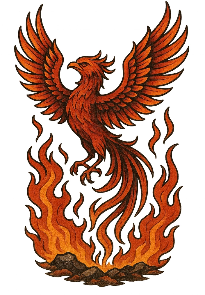 Tattoovorlage Phoenix im Feuer mit leuchtenden Flügeln