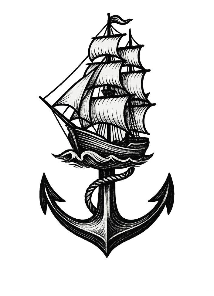 Tattoovorlage Schiff auf Anker Schwarz-Weiß