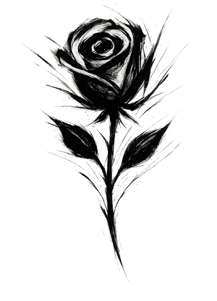Tattoovorlage Schwarze Rose mit Dynamischen Pinselstrichen