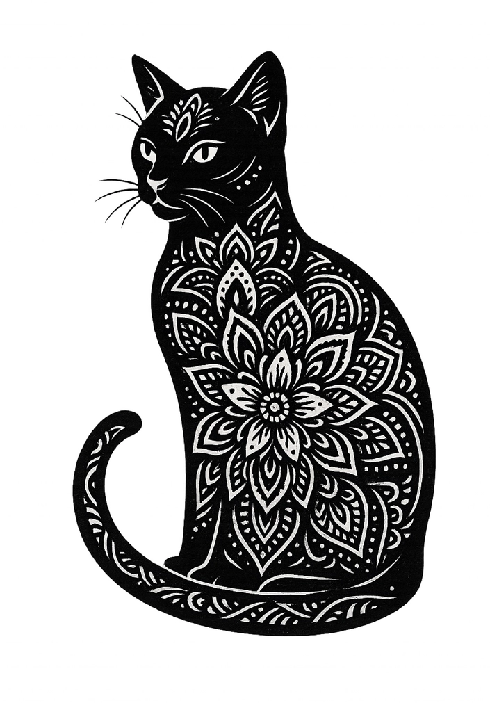 Tattoovorlage stilisierte Katze mit Mandala-Muster für Oberschenkel