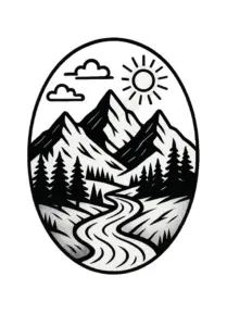 stiliserte-landschaft-mit-bergen-und-fluss-tattoo-vorlage