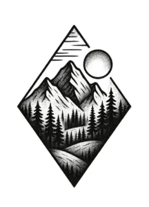 stilisiert-berglandschaft-mit-nadelbaeumen-und-sonne