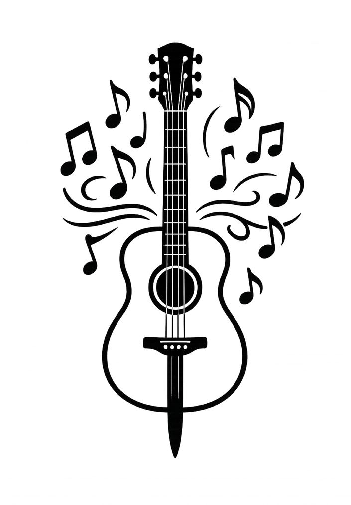 Tattoovorlage stilisierte Gitarre mit fliegenden Noten