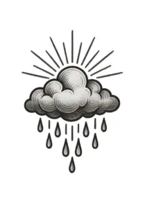 stilisiert-wolke-mit-sonnenstrahlen-und-regentropfen