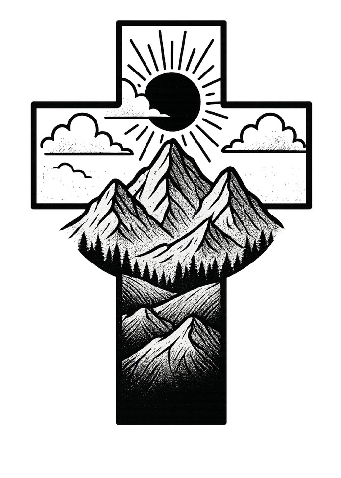 Stilisierte Berglandschaft mit Kreuz und Sonne - Tattoovorlage