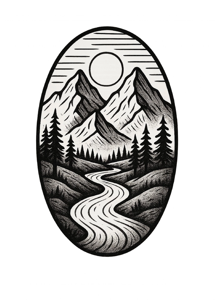 Tattoovorlage stilisierte Landschaft mit Bergen und Fluss Schwarz-Weiß