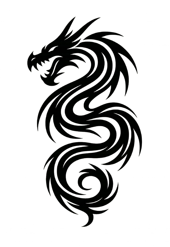 Tattoovorlage stilisierter Drache mit geschwungenen Linien und scharfen Zähnen