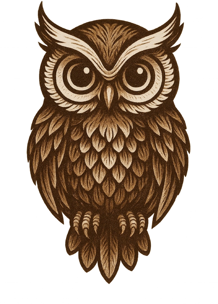 Tattoovorlage stilisierte Eule mit großen Augen für Bauch