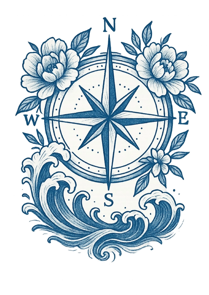 Tattoovorlage stilisierter Kompass mit floralen Elementen und Wellen