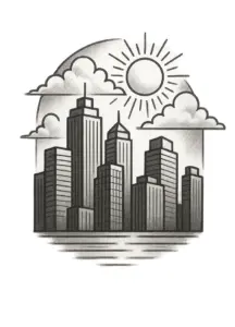 stilisierten-stadtlandschaft-mit-wolkenkratzern-und-sonne