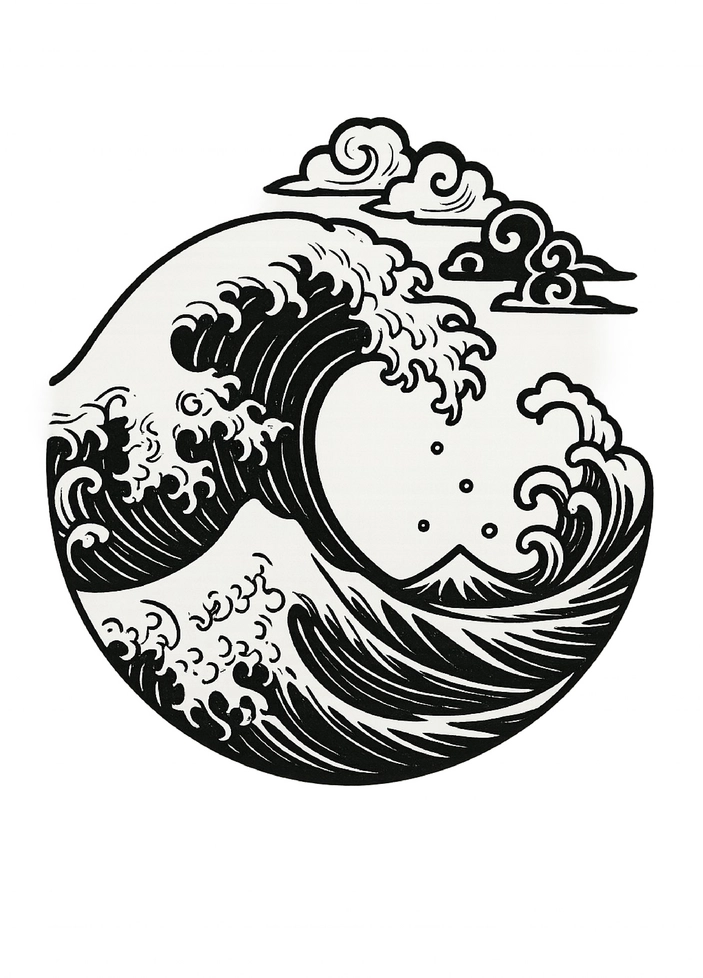 Tattoovorlage stilisierte Welle mit japanischen Elementen