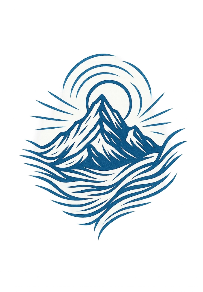Tattoovorlage stilisierter Berg mit Sonne und Wellen