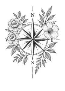 stilisierter-kompass-florale-akzente-tattoo-bauch