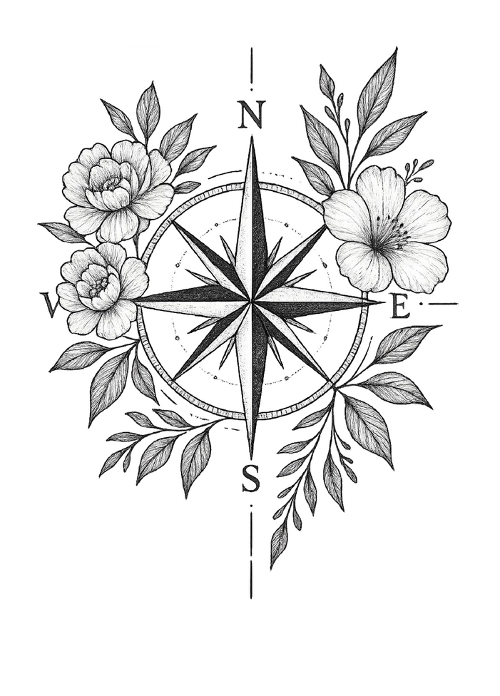 Tattoovorlage stilisierter Kompass mit floralen Akzenten