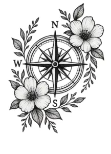 stilisierter-kompass-mit-blumen-tattoo-vorlage