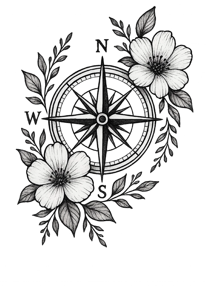 Tattoovorlage stilisierter Kompass mit Blumen