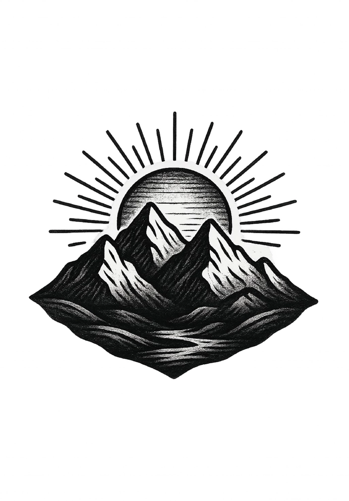 Tattoovorlage stilisiertes Bergpanorama mit untergehender Sonne