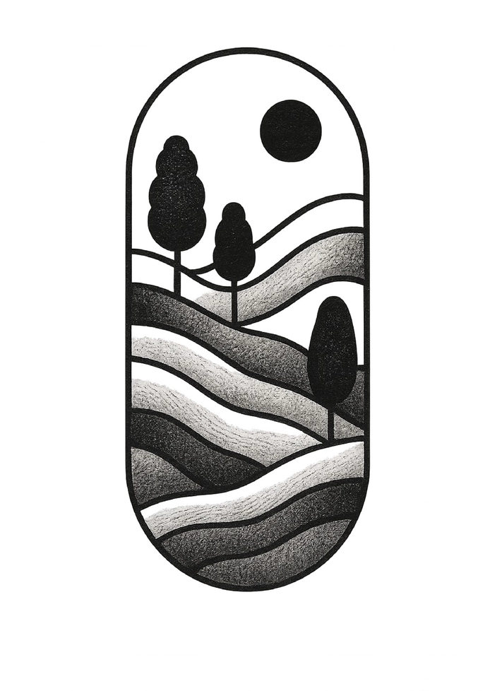 Tattoovorlage stilisierte Landschaft mit Bäumen und Hügeln