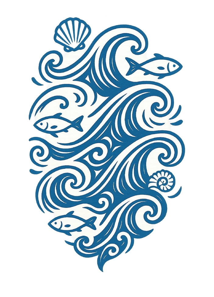 Tattoovorlage stilisierte Wellen mit Fischen und Muscheln