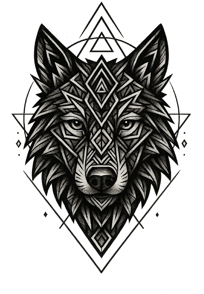 Tattoovorlage stilisiertes Wolfsgesicht mit geometrischen Mustern