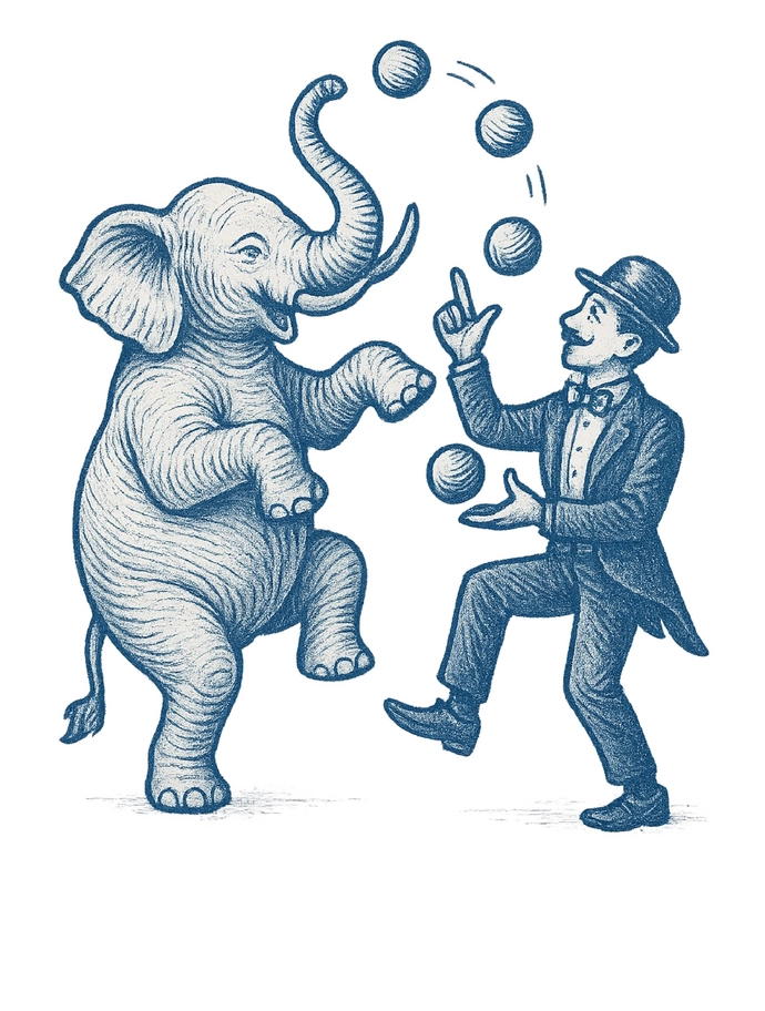 Tattoovorlage eines tanzenden Elefanten mit Jongleur