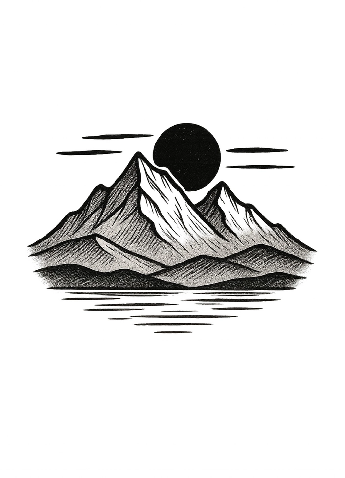 Tattoo-Vorlage minimalistische Berglandschaft mit Sonnenuntergang