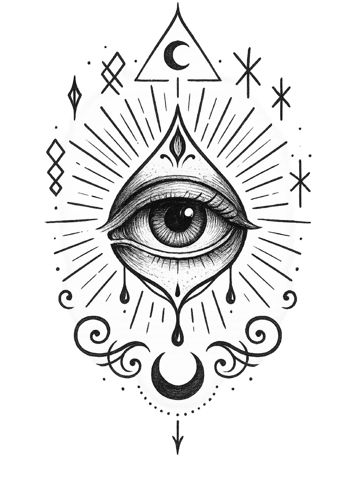 Tattoo-Vorlage mit mystischem Auge und geheimnisvollen Symbolen