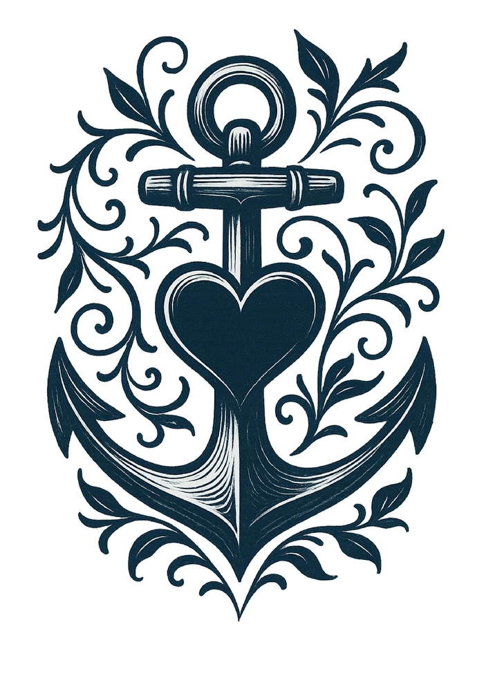 Tattoovorlage Anker mit Herz und Ranken