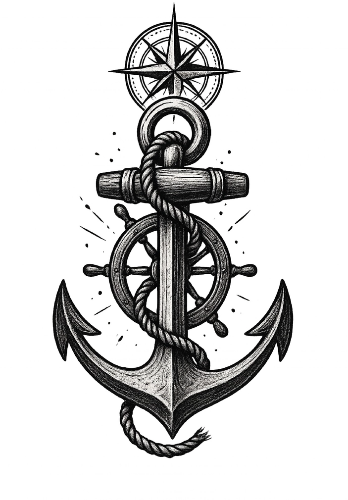 Tattoovorlage Anker mit Kompass und Steuerrad
