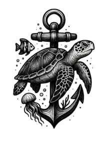 tattoovorlage-anker-schildkroete-meeresbewohner-schwarz-weiss