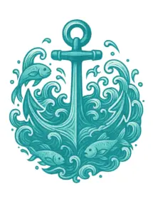 tattoovorlage-anker-umgeben-von-wellen-und-fischen