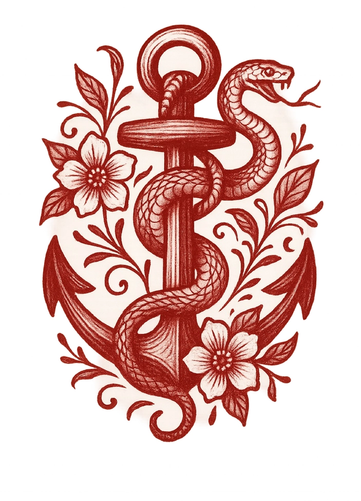 Tattoovorlage Anker umwunden von einer Schlange mit floralen Akzenten
