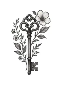 tattoovorlage-antiker-schluessel-mit-blumen-akzenten