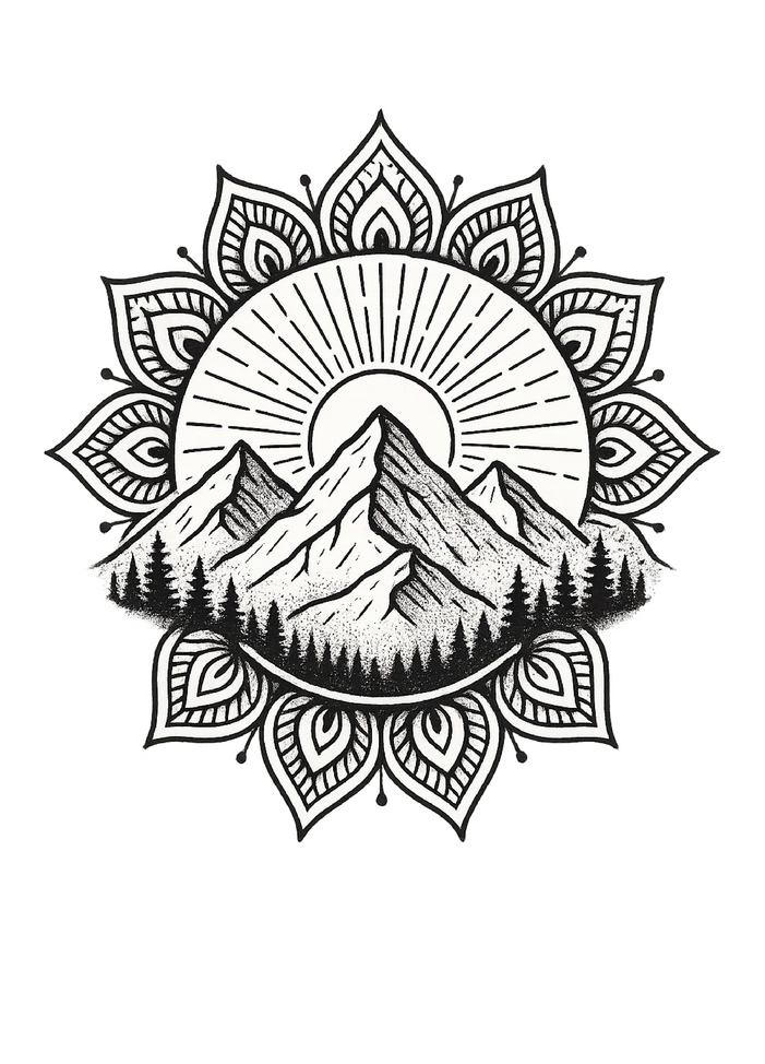 Tattoovorlage Berglandschaft mit Mandala und Sonnenaufgang