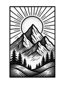tattoovorlage-berglandschaft-mit-sonne-und-tannenbaeumen