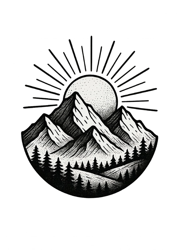 Tattoovorlage Berglandschaft mit Sonnenuntergang Schwarz-Weiß