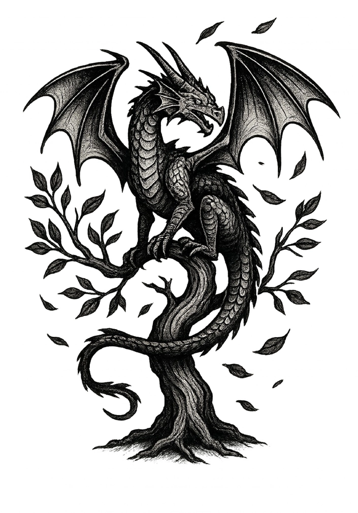 Tattoovorlage Drache auf Baum mit Blättern