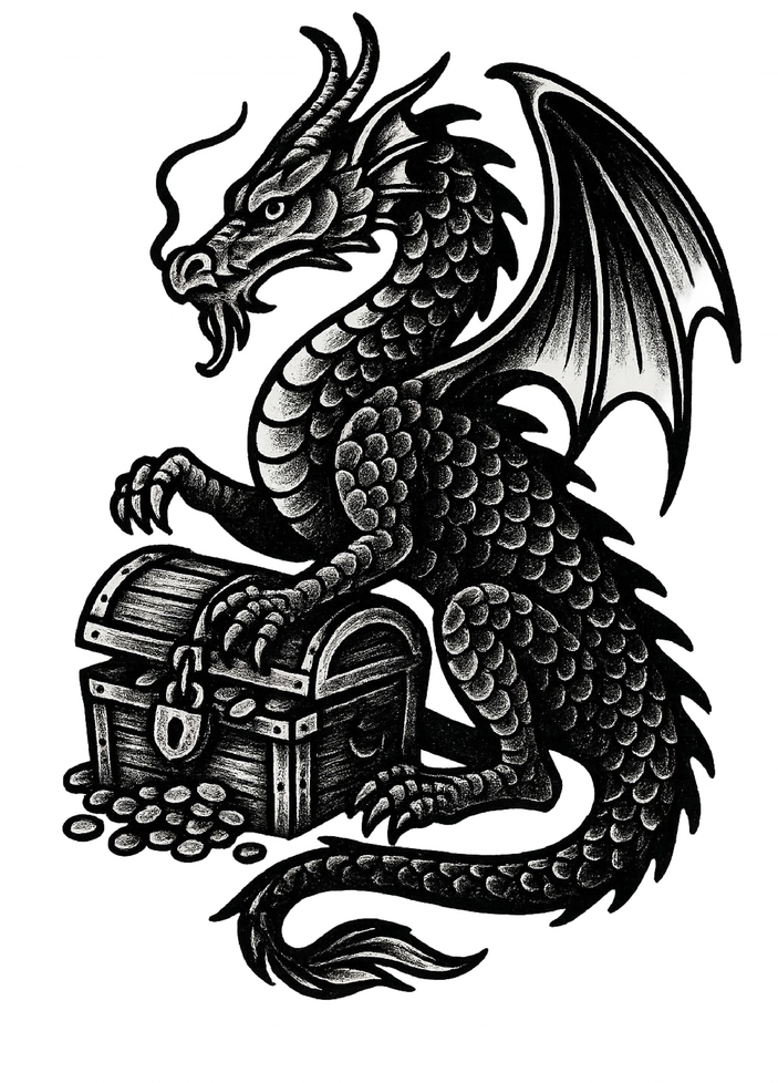 Tattoovorlage Drache bewacht Schatz auf Oberarm