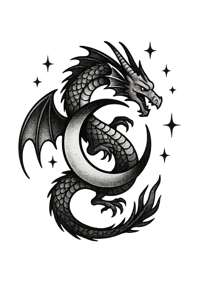 Tattoovorlage Drache im Mond mit Sternen