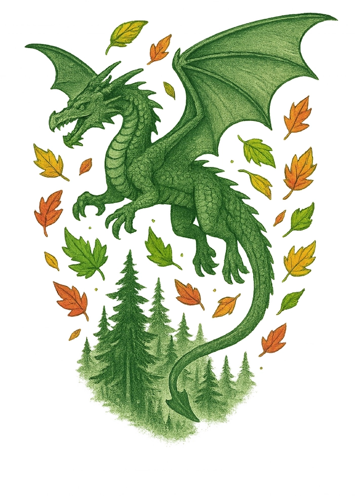 Tattoovorlage Drache im Wald mit bunten Blättern