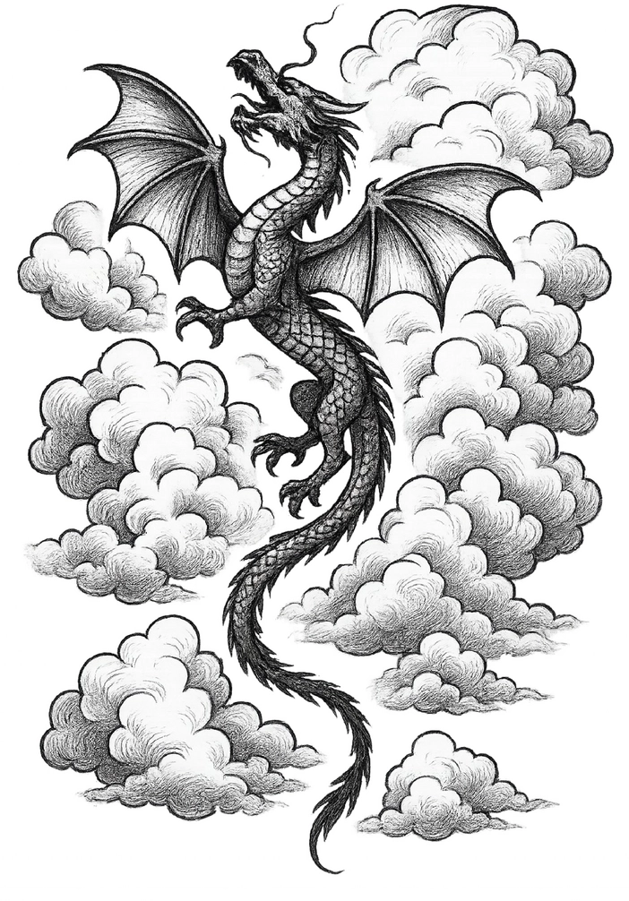 Tattoovorlage Drache in den Wolken für Rücken-Tattoo