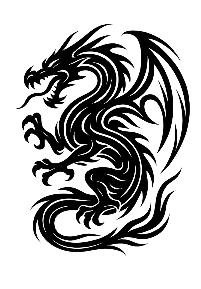 Tattoovorlage Drache mit geschwungenen Linien und dynamischem Ausdruck