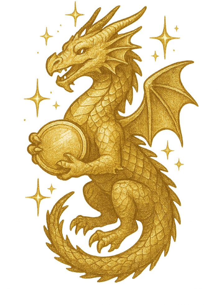 Tattoovorlage Drache mit Münze und funkelnden Effekten