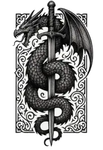 tattoovorlage-drache-mit-schwert-und-antiken-mustern