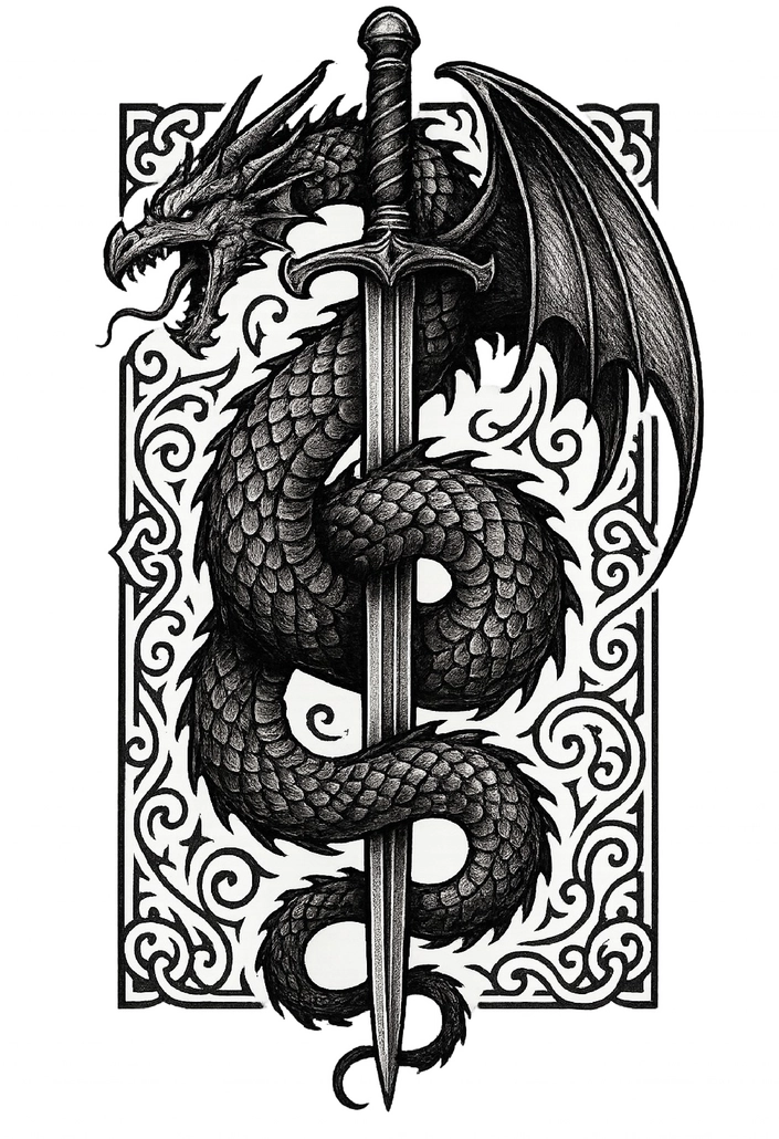Tattoovorlage Drache mit Schwert und antiken Mustern