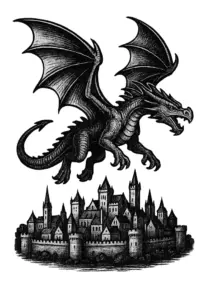 tattoovorlage-drache-ueber-stadt-fliegend-im-fantasy-stil