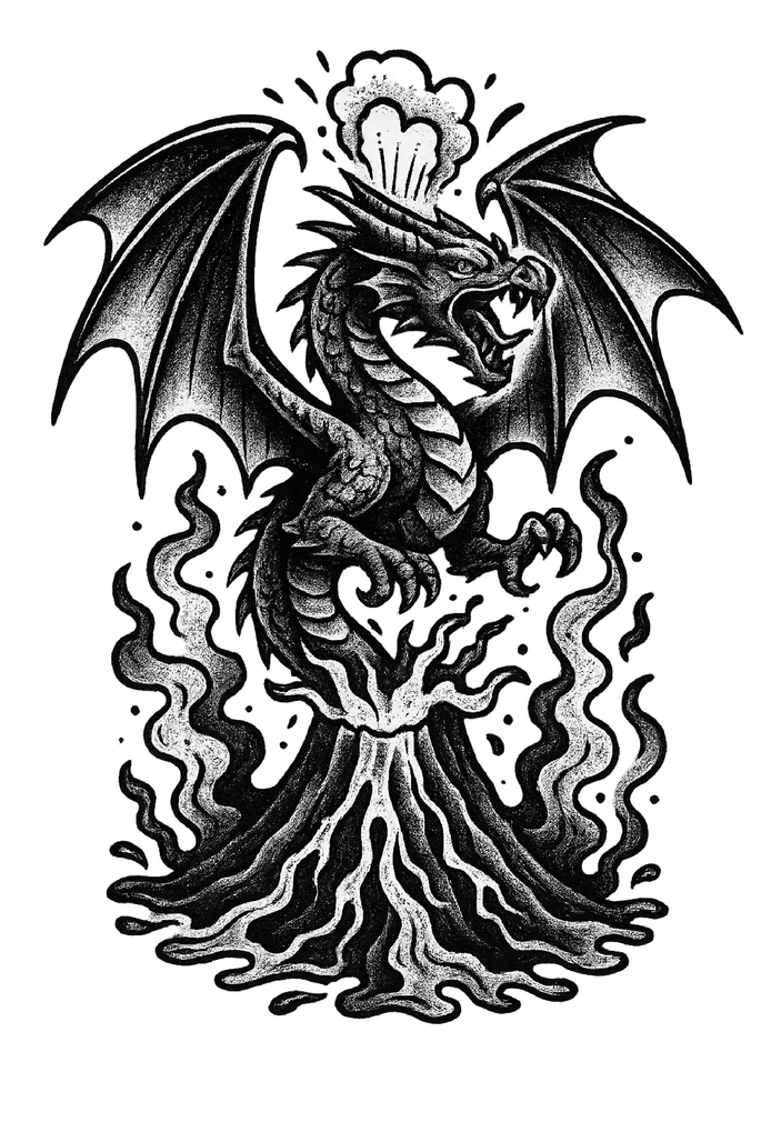 Tattoovorlage Drachen aus Vulkan mit Lava