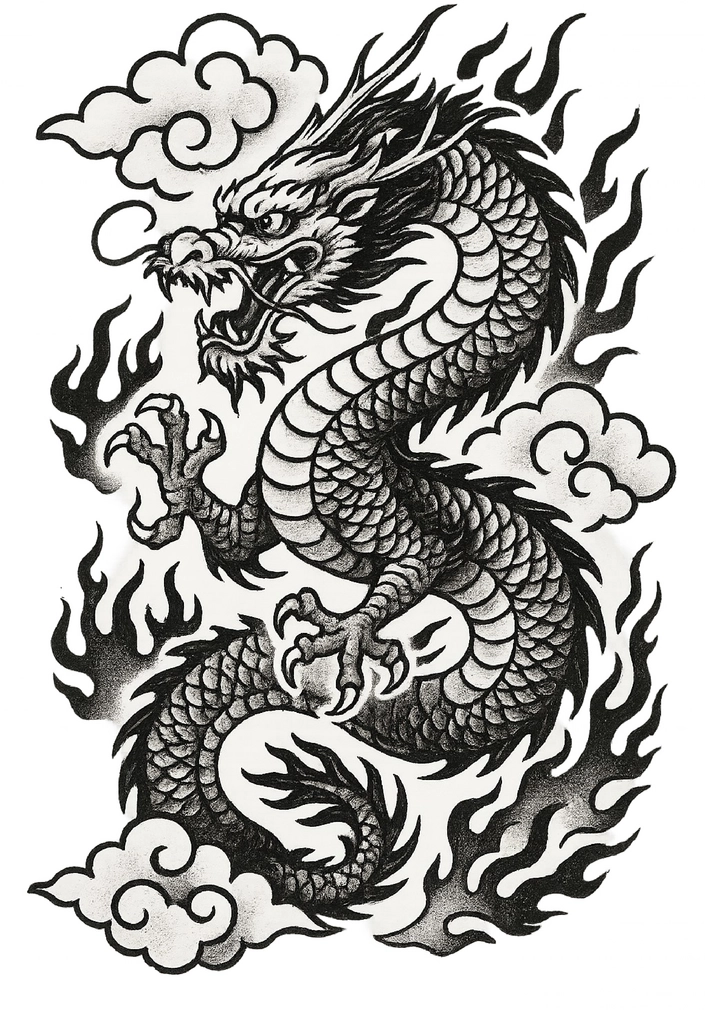 Tattoovorlage Drachen in Wolken und Flammen