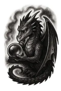 tattoovorlage-drachen-mit-glaskugel-nachdenklichem-ausdruck